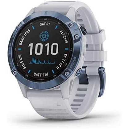 Garmin fēnix 6 Pro Solar, 47mm Titanio Blu Minerale con Cinturino Bianco Pietra - GPS Smartwatch con Ricarica Solare, Display a Colori, App Multisport, Bussola, Barometro e Altimetro